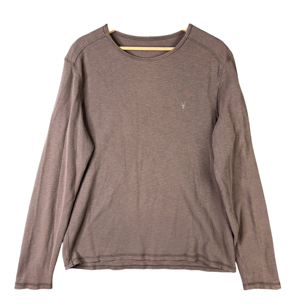 AllSaints Clash LS Crew Brown Waffle Knit Long Sleeve Ram Skull Shirt Large